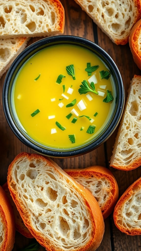 Melted garlic butter sauce in a bowl with garlic and parsley, alongside crusty bread.